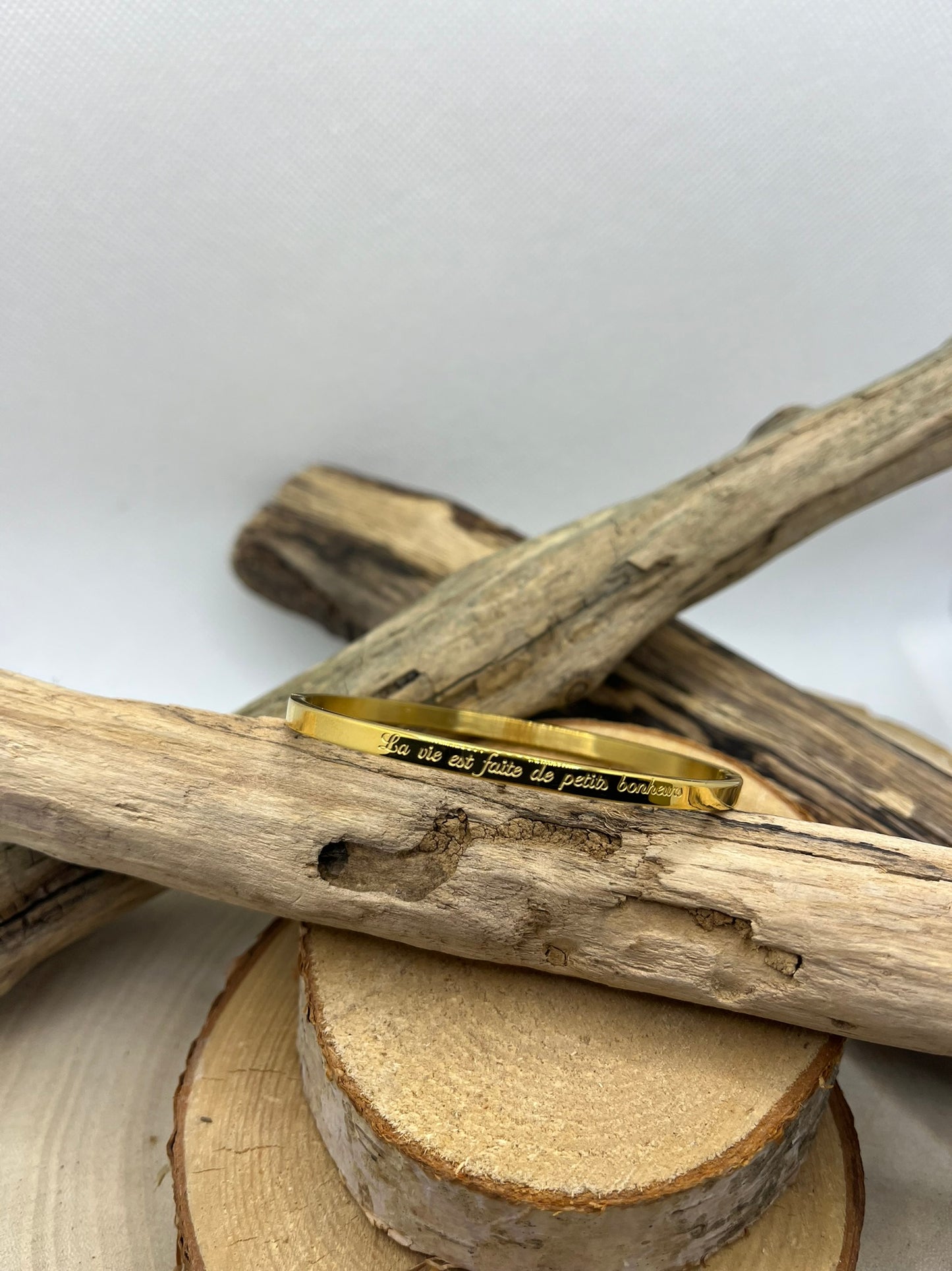 Bracelet Jonc à message ( La vie est faite de petits bonheur ) - Acier inoxydable en doré ou en argent