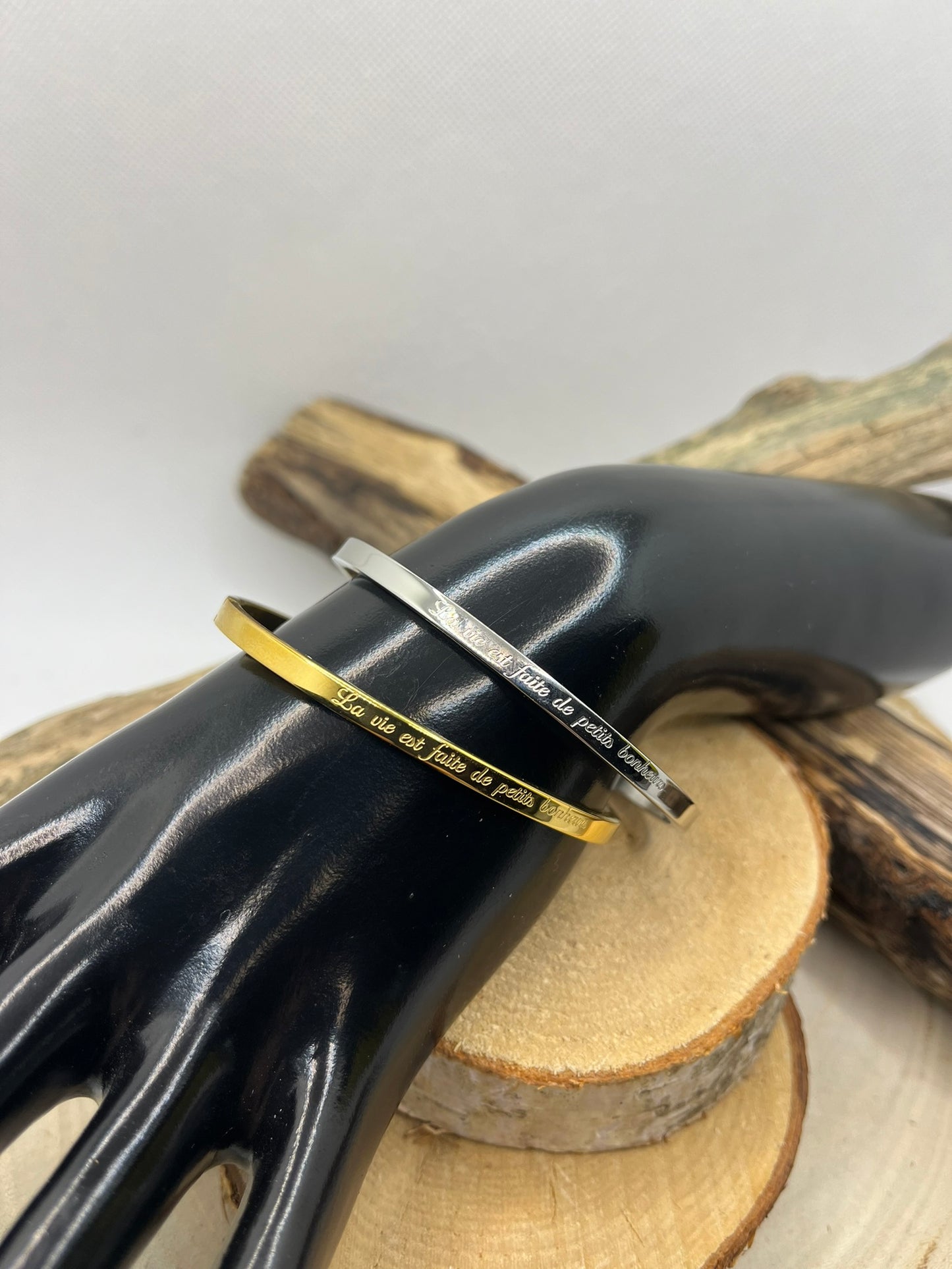 Bracelet Jonc à message ( La vie est faite de petits bonheur ) - Acier inoxydable en doré ou en argent