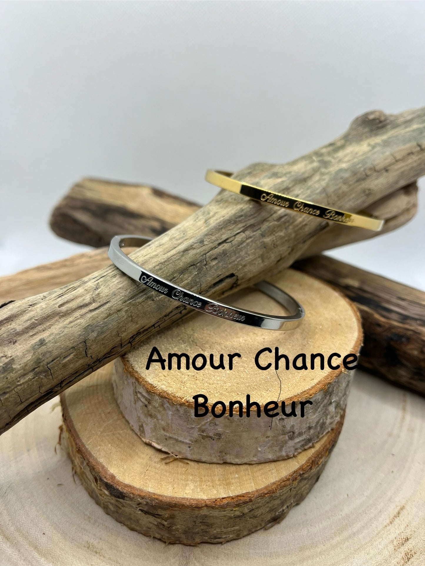 Bracelet Jonc à Message ( Amour Chance Bonheur ) - Acier Inoxydable Doré ou Argenté