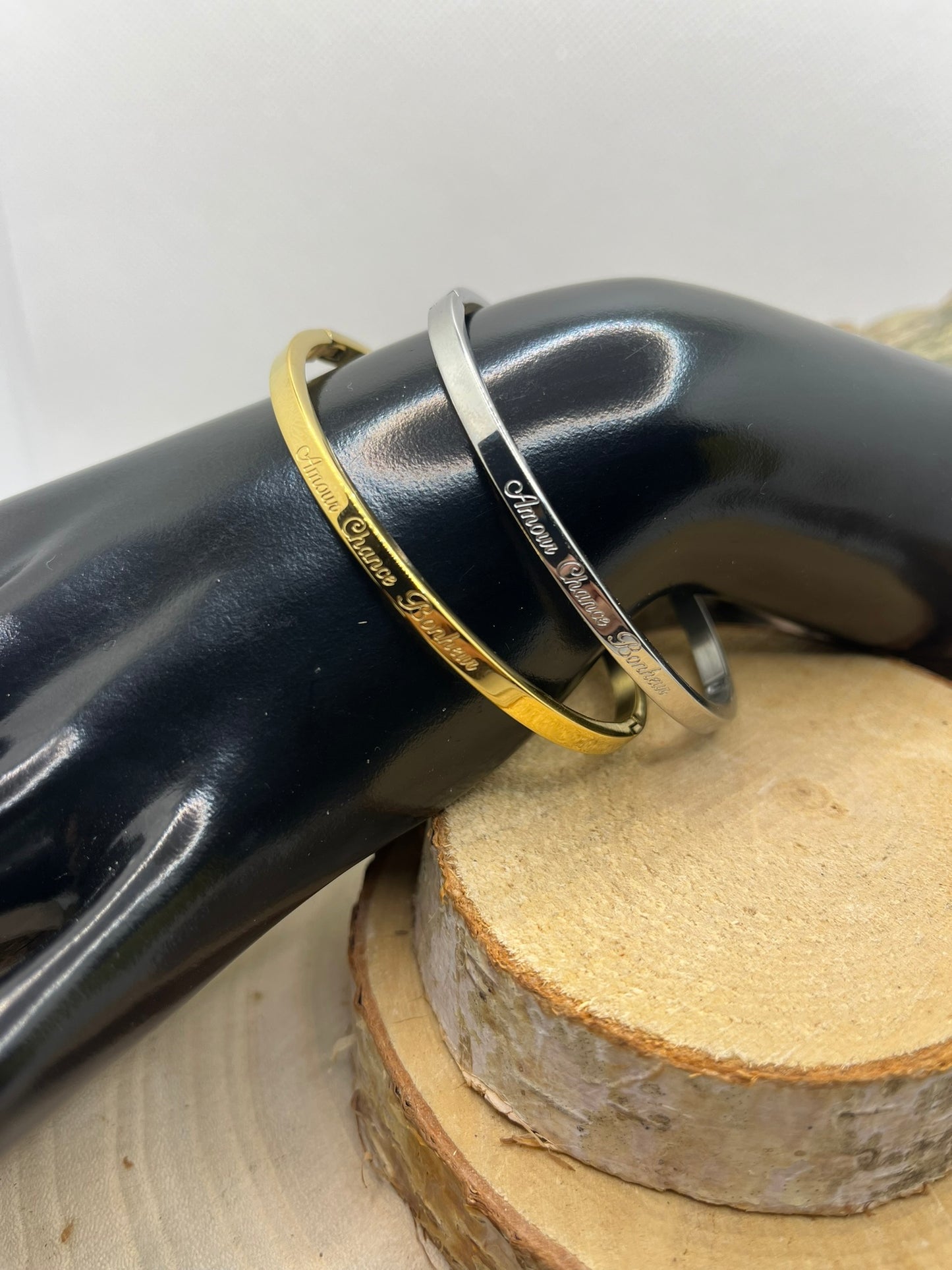 Bracelet Jonc à Message ( Amour Chance Bonheur ) - Acier Inoxydable Doré ou Argenté