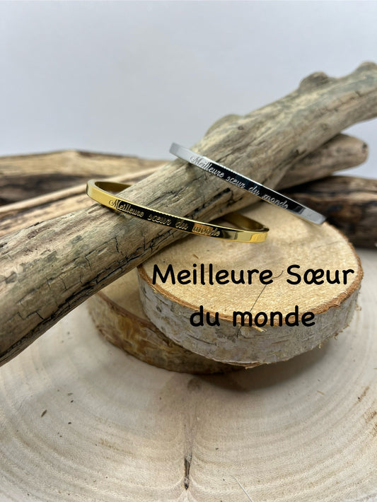 Bracelet Jonc à méssage (Meilleure Soeur du Monde) - Acier Inoxydable doré ou en Argenté