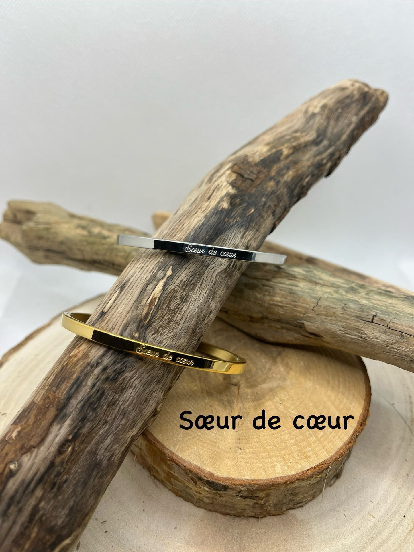 Bracelet Jonc à Message ( Soeur de Coeur ) - Acier Inoxydable doré ou en Argenté
