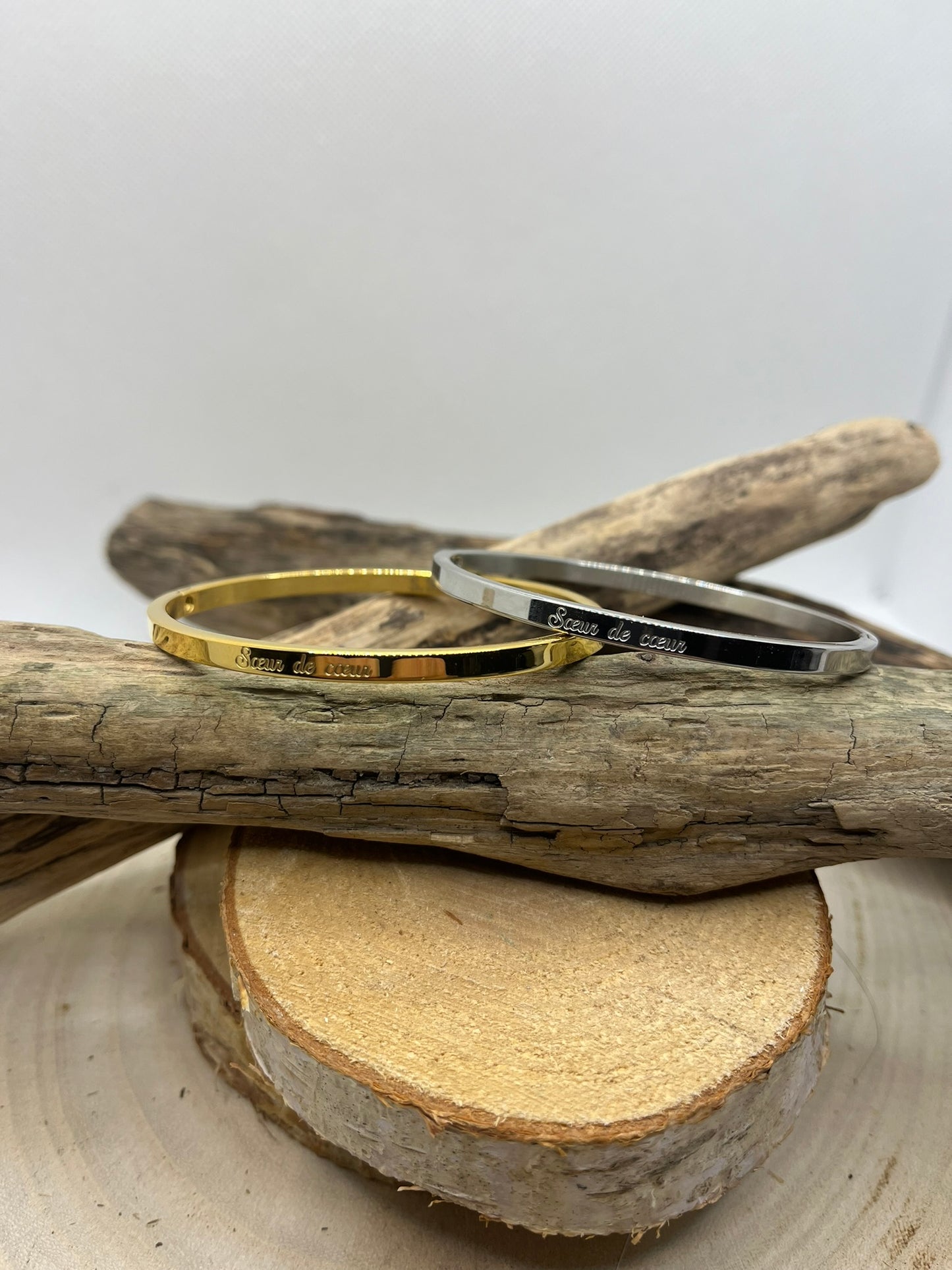 Bracelet Jonc à Message ( Soeur de Coeur ) - Acier Inoxydable doré ou en Argenté