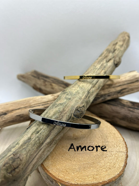 Bracelet Jonc à Message Personalisé ( Amore ) - Acier Inoxydable doré ou en Argenté