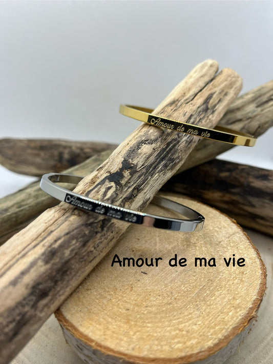 Bracelet Jonc Message personnalisée ( Amour de ma vie ) - Acier Inoxydable Doré en Argenté