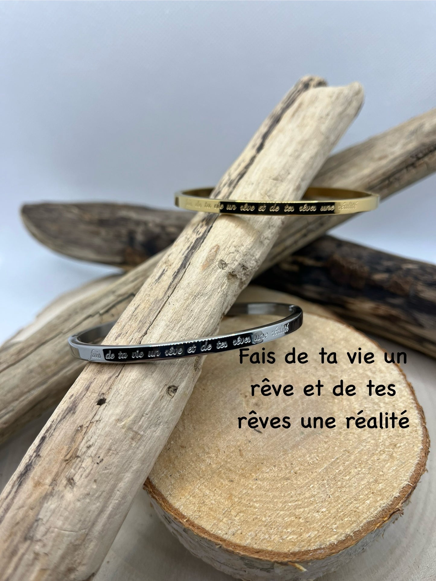 Bracelet Jonc Message personnalisée (Fais de ta vie un rêve et de tes rêves une réalité) - Acier Inoxydable Doré ou en Argenté