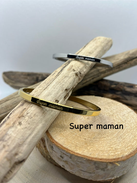 Bracelet Jonc Message personnalisée (Super Maman) - Acier Inoxydable Doré ou en Argenté