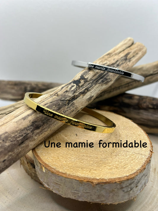 Bracelet Jonc - Message personnalisé ( Une mamie formidable ) - Acier inoxydable Doré ou en Argenté