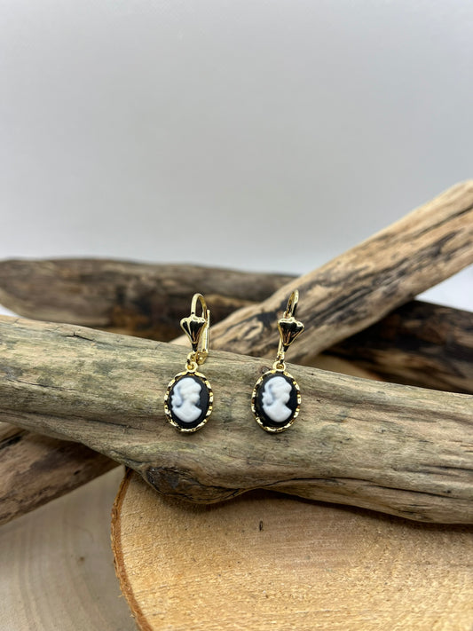 Boucles d'oreilles Dormeuse Acier Inoxydable doré pendentif "Camée" noir doré - 13mm x 11mm