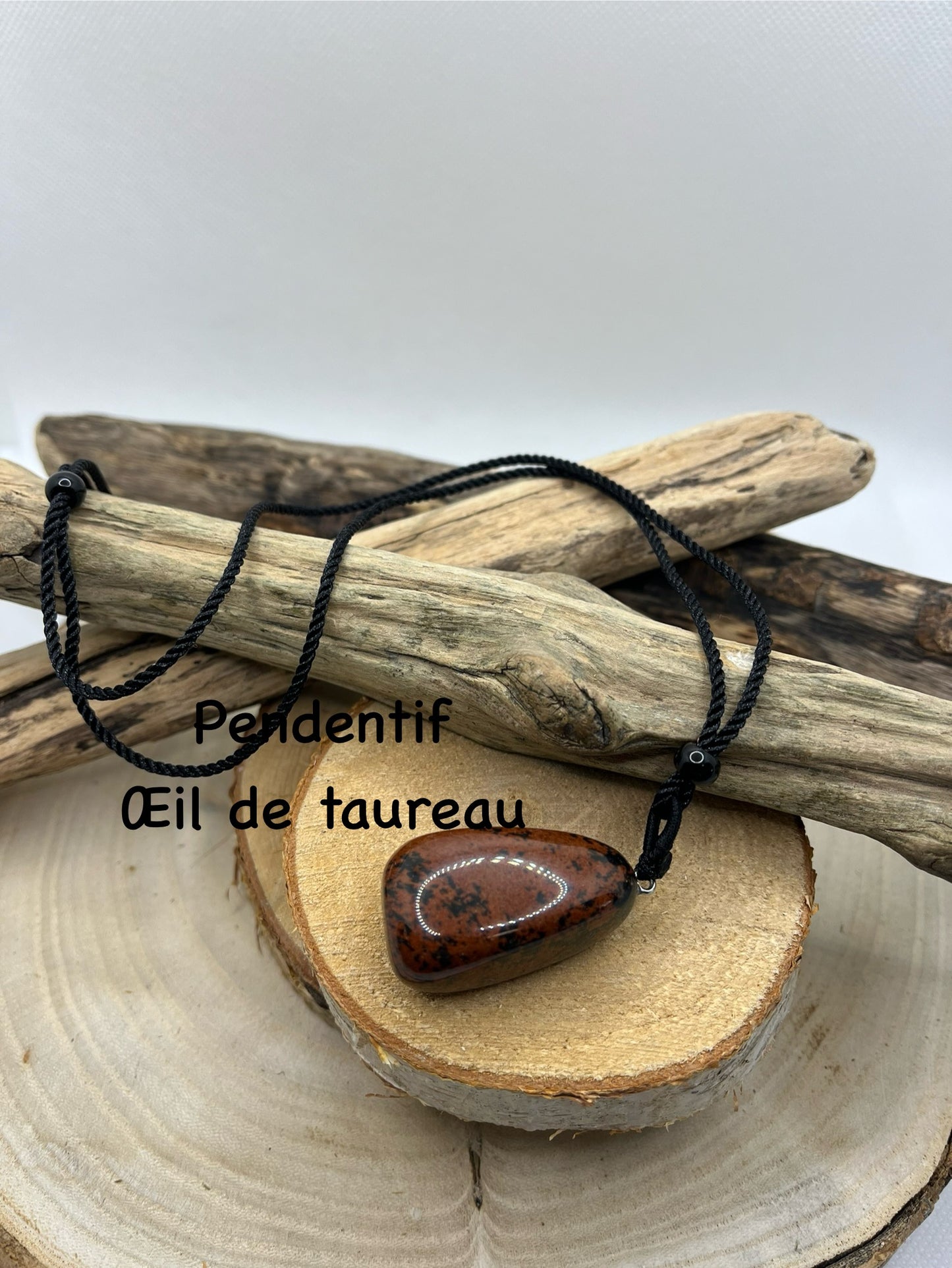 Collier sur Cordon noir réglable - Avec Pendentif en Pierre Naturelle Oeil de Taureau