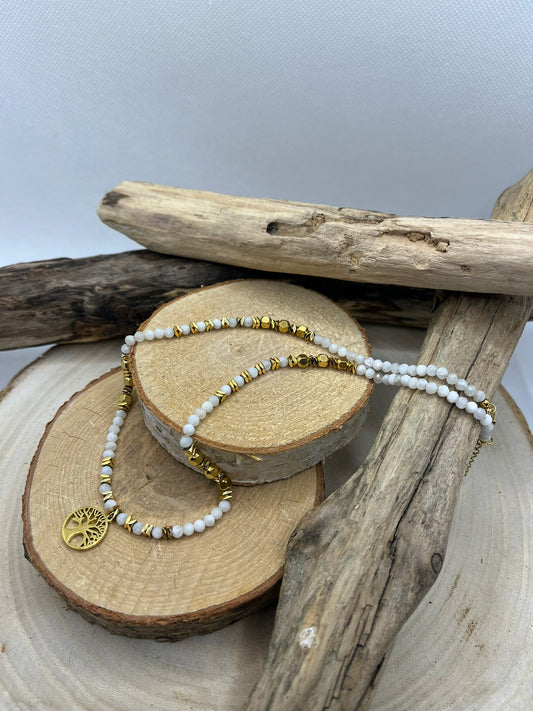 Collier en Pierres Naturelles Pierre de lune et perles en Acier inoxydable doré Orné d'un Pendentif Arbre de Vie
