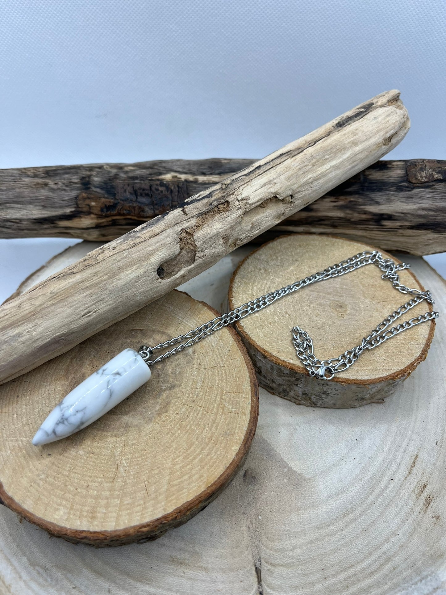 Collier Chaine Maillon en Acier inoxydable Argenté - Pendentif en Pierre Naturelle de Howlite et d'aventurine