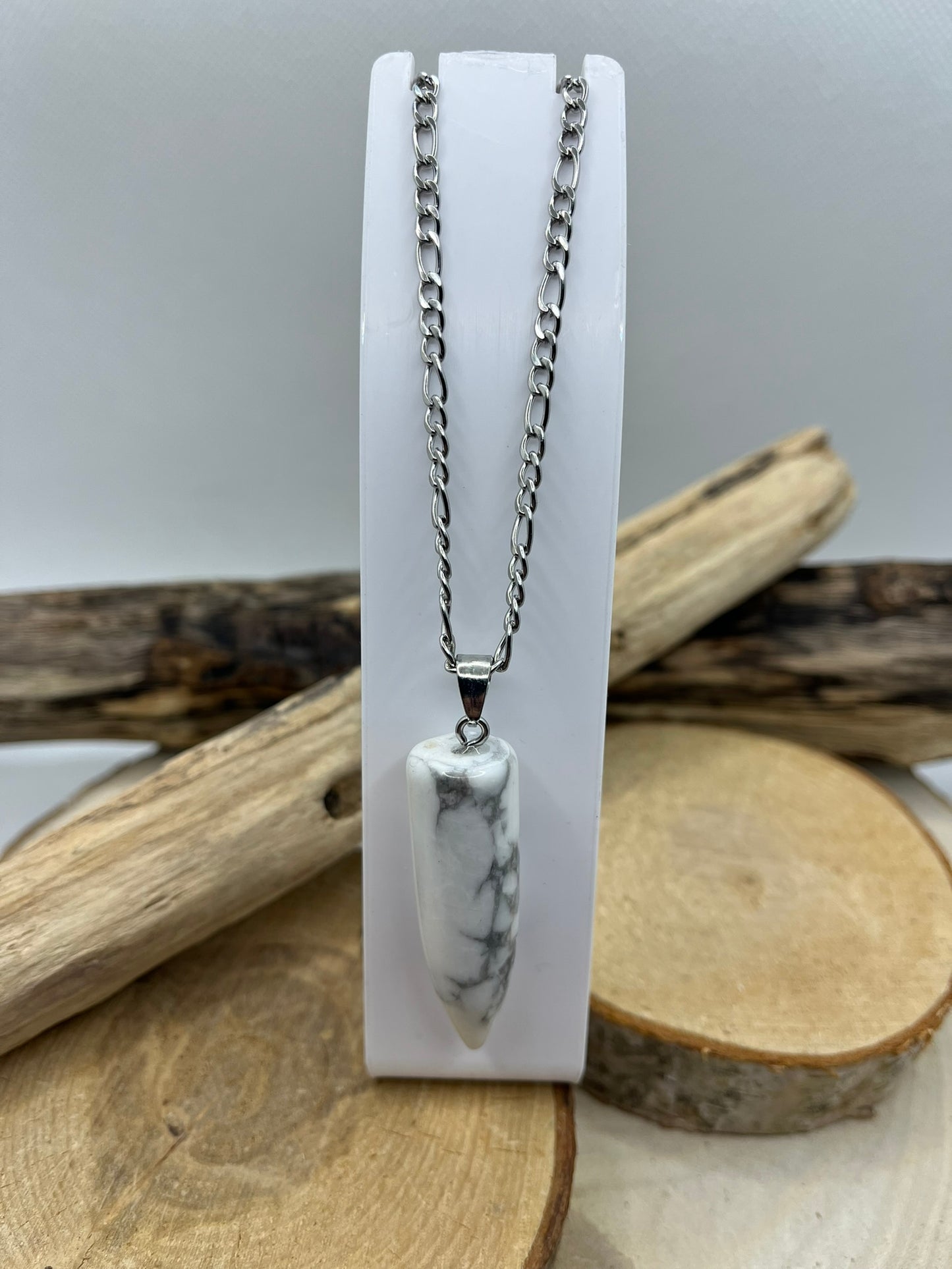 Collier Chaine Maillon en Acier inoxydable Argenté - Pendentif en Pierre Naturelle de Howlite et d'aventurine