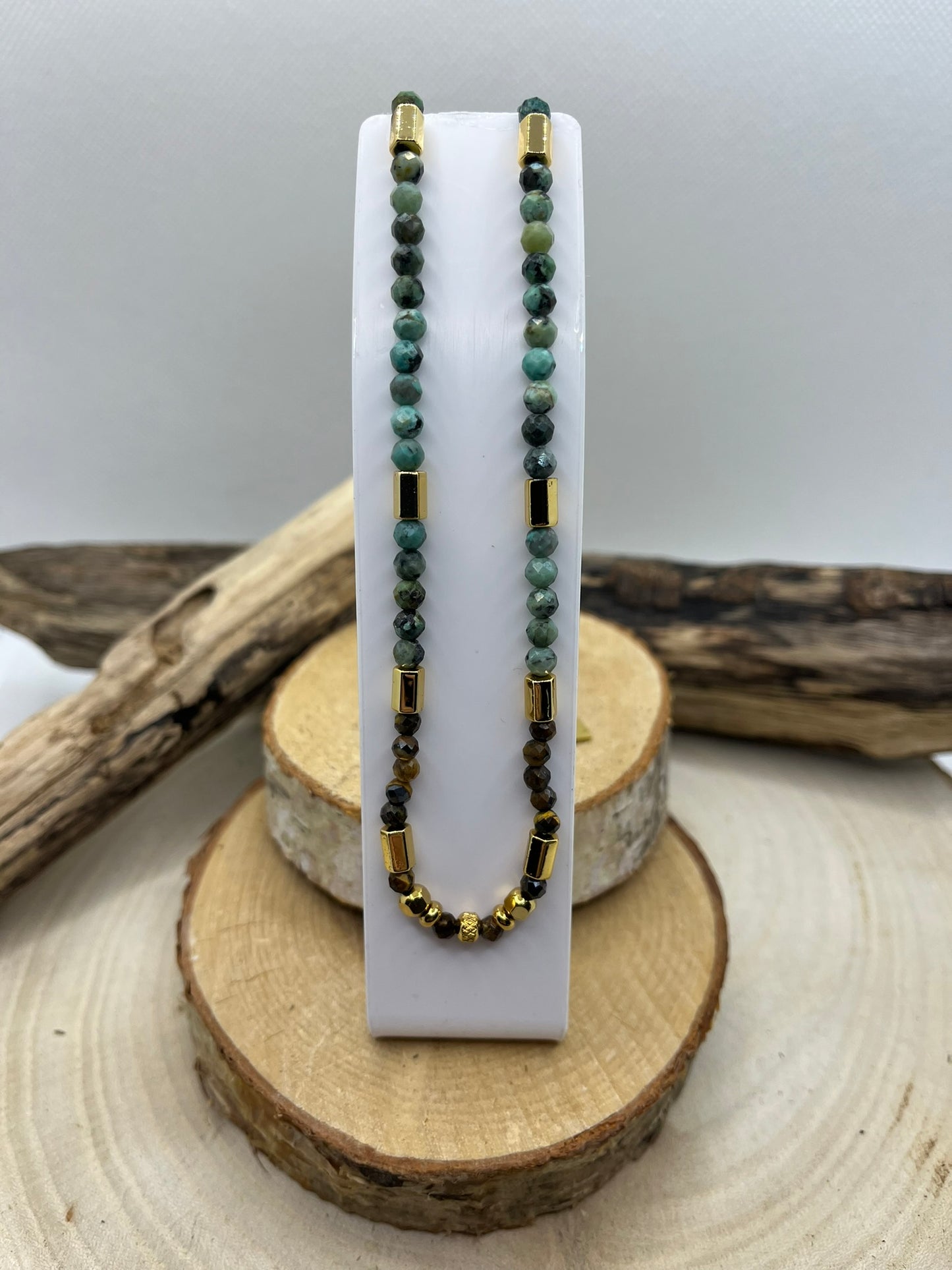 Collier en Pierres Naturelles Oeil de Tigre et Turquoise Afrique