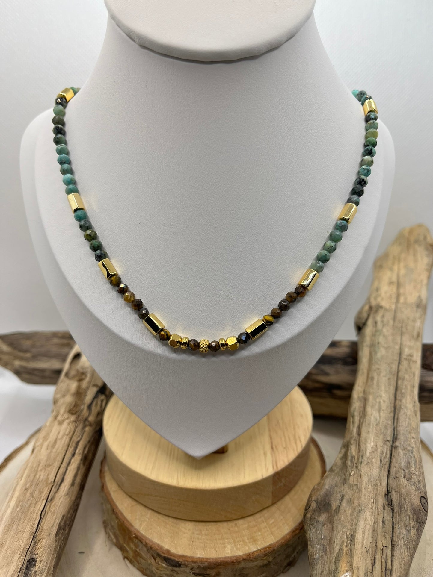 Collier en Pierres Naturelles Oeil de Tigre et Turquoise Afrique