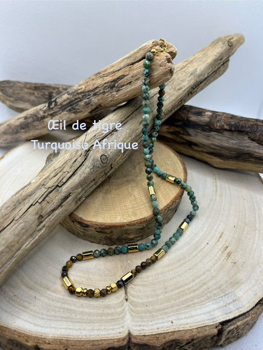 Collier en Pierres Naturelles Oeil de Tigre et Turquoise Afrique