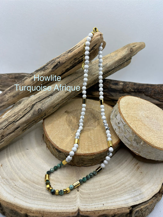 Collier en Pierres Naturelles Howlite et Turquoise Afrique orné de perles Acier inoxydable