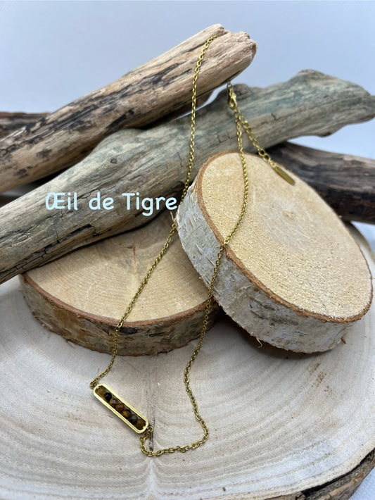 Collier chaine fine en Acier Inoxydable Doré Orné de Pierres Naturelles Oeil de Tigre
