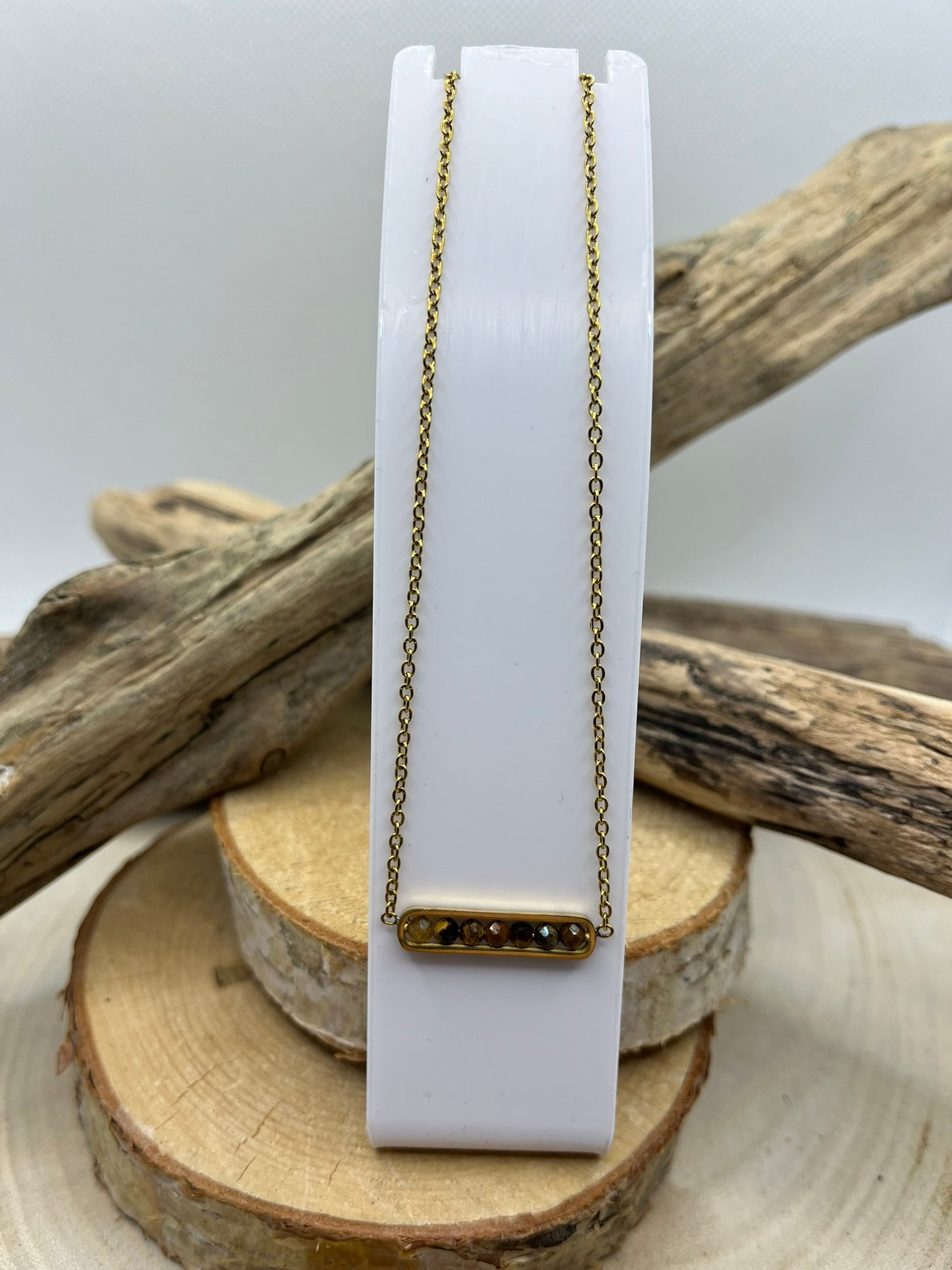 Collier chaine fine en Acier Inoxydable Doré Orné de Pierres Naturelles Oeil de Tigre