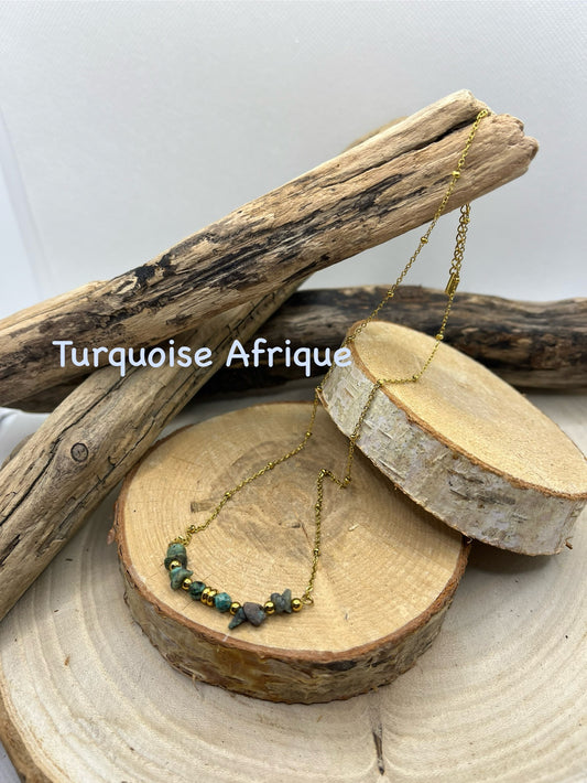 Collier chaine fine en Acier Inoxydable Doré Orné de Pierres Naturelles Turquoise Afrique