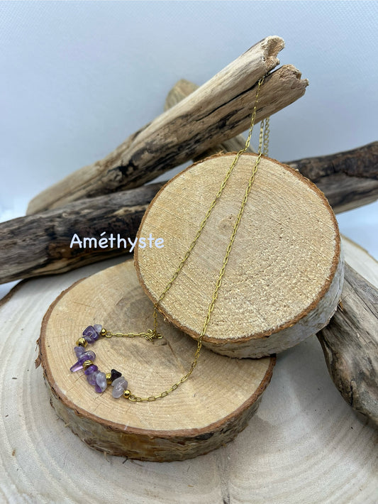 Collier chaine fine en Acier Inoxydable Doré Orné de Pierres Naturelles Améthyste