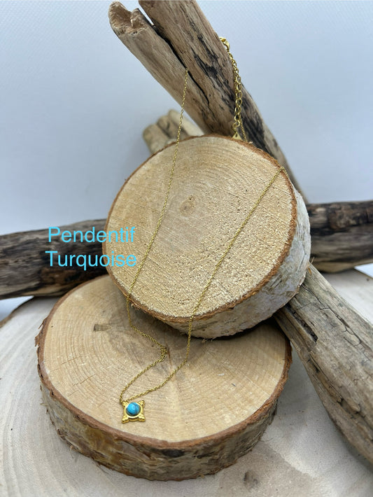 Collier chaine fine en Acier Inoxydable Doré Orné d'un Pendentif en Pierre naturelle turquoise