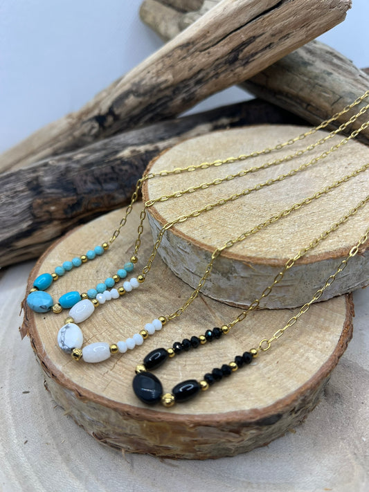 Collier Chaine fine en Acier inoxydable Doré - Perles en Pierres Naturelles