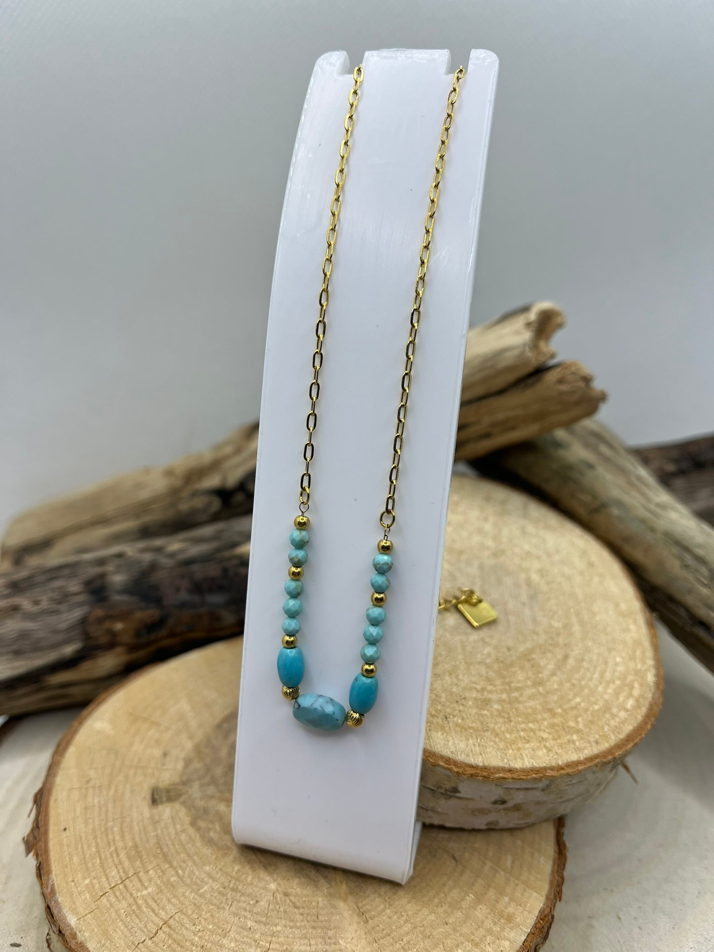 Collier Chaine fine en Acier inoxydable Doré - Perles en Pierres Naturelles