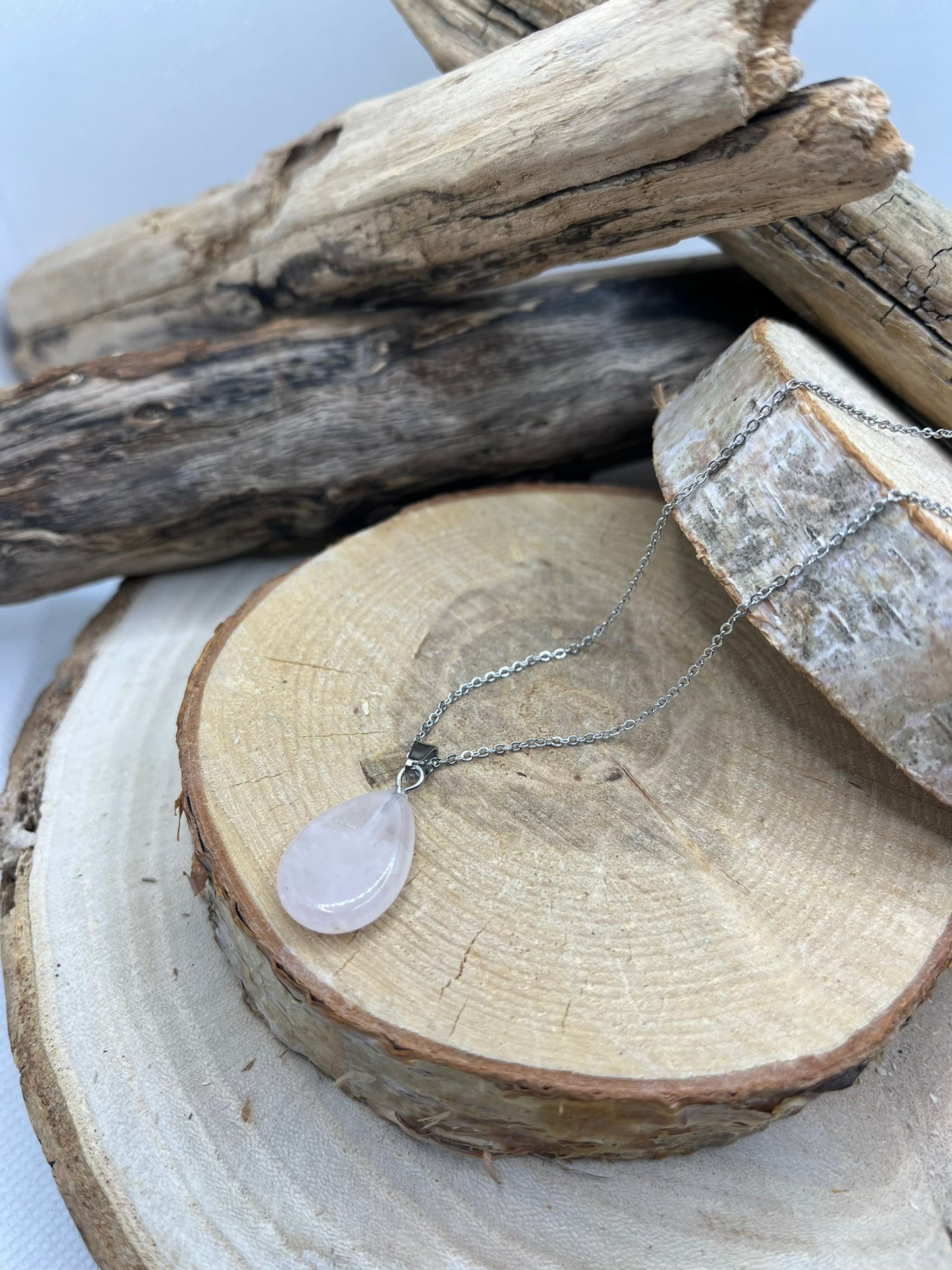 Collier Chaine fine Argenté - Pendentif Goutte en Pierre Naturelle Quartz Rose
