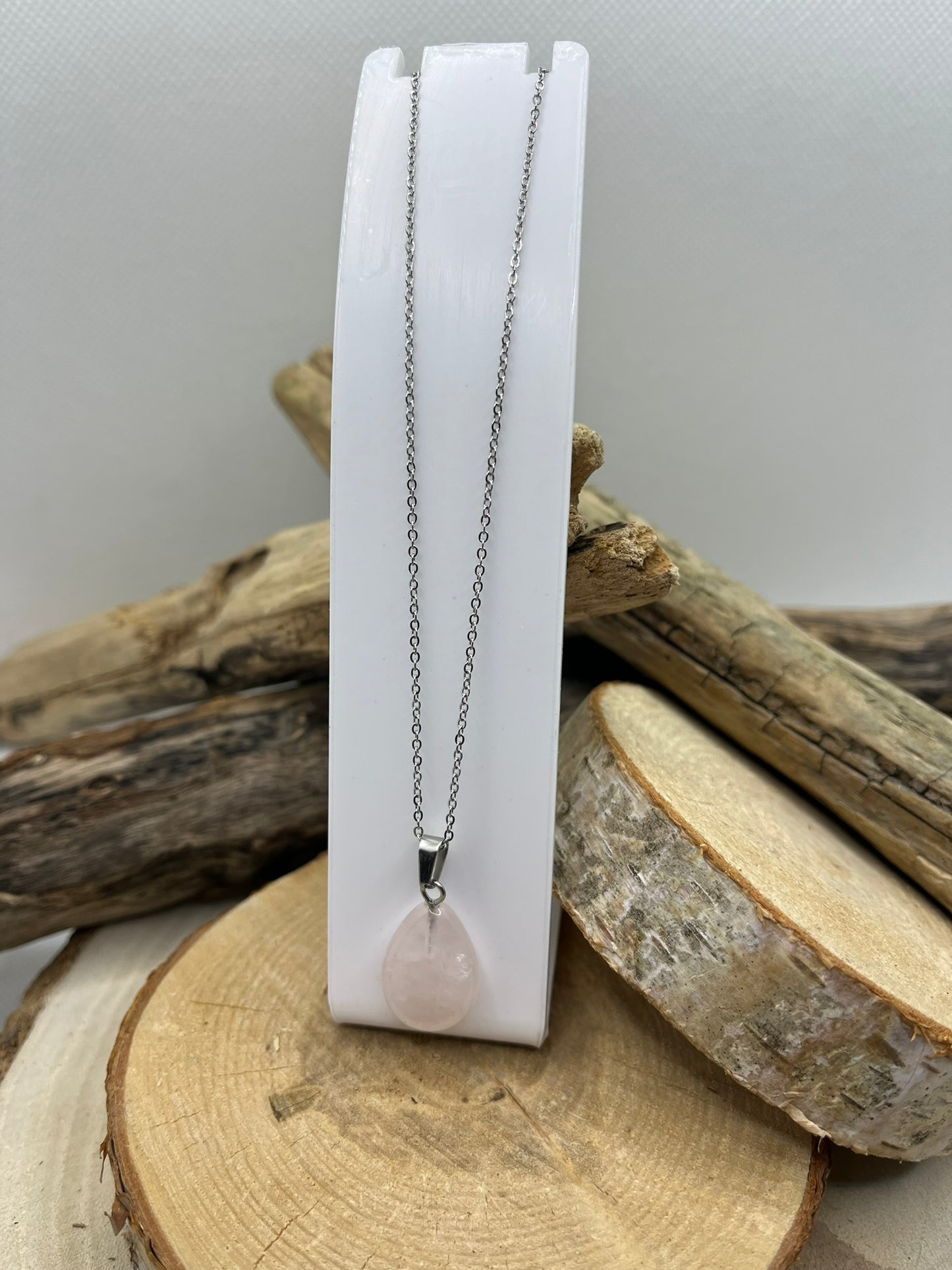 Collier Chaine fine Argenté - Pendentif Goutte en Pierre Naturelle Quartz Rose