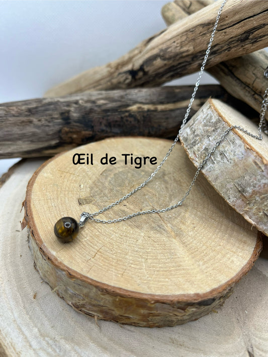 Collier Chaine fine Argenté - Pendentif Perles en Pierre Naturelle Oeil de Tigre