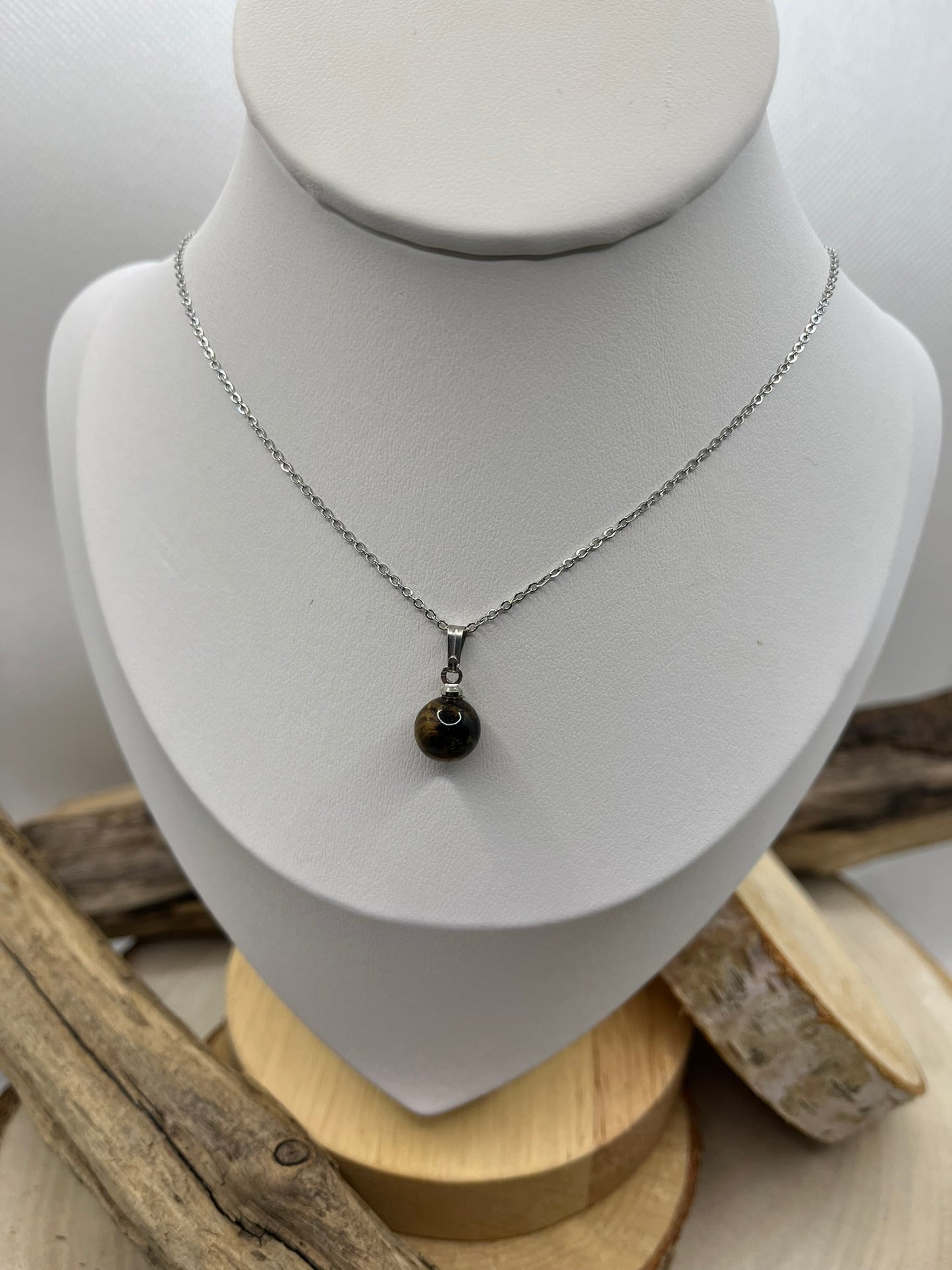 Collier Chaine fine Argenté - Pendentif Perles en Pierre Naturelle Oeil de Tigre