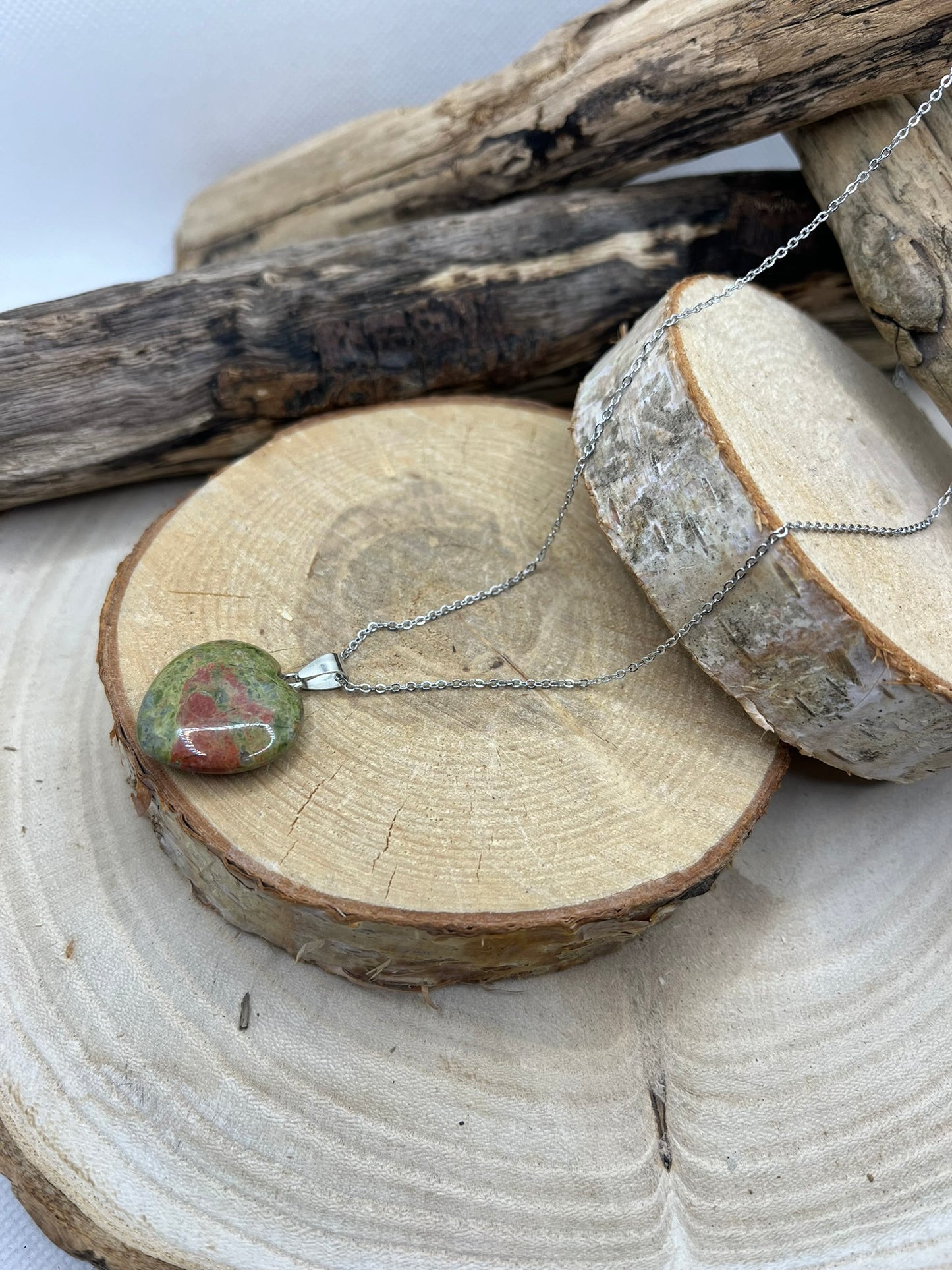 Collier Chaine fine Argenté - Pendentif Coeur en Pierre Naturelle Unakite
