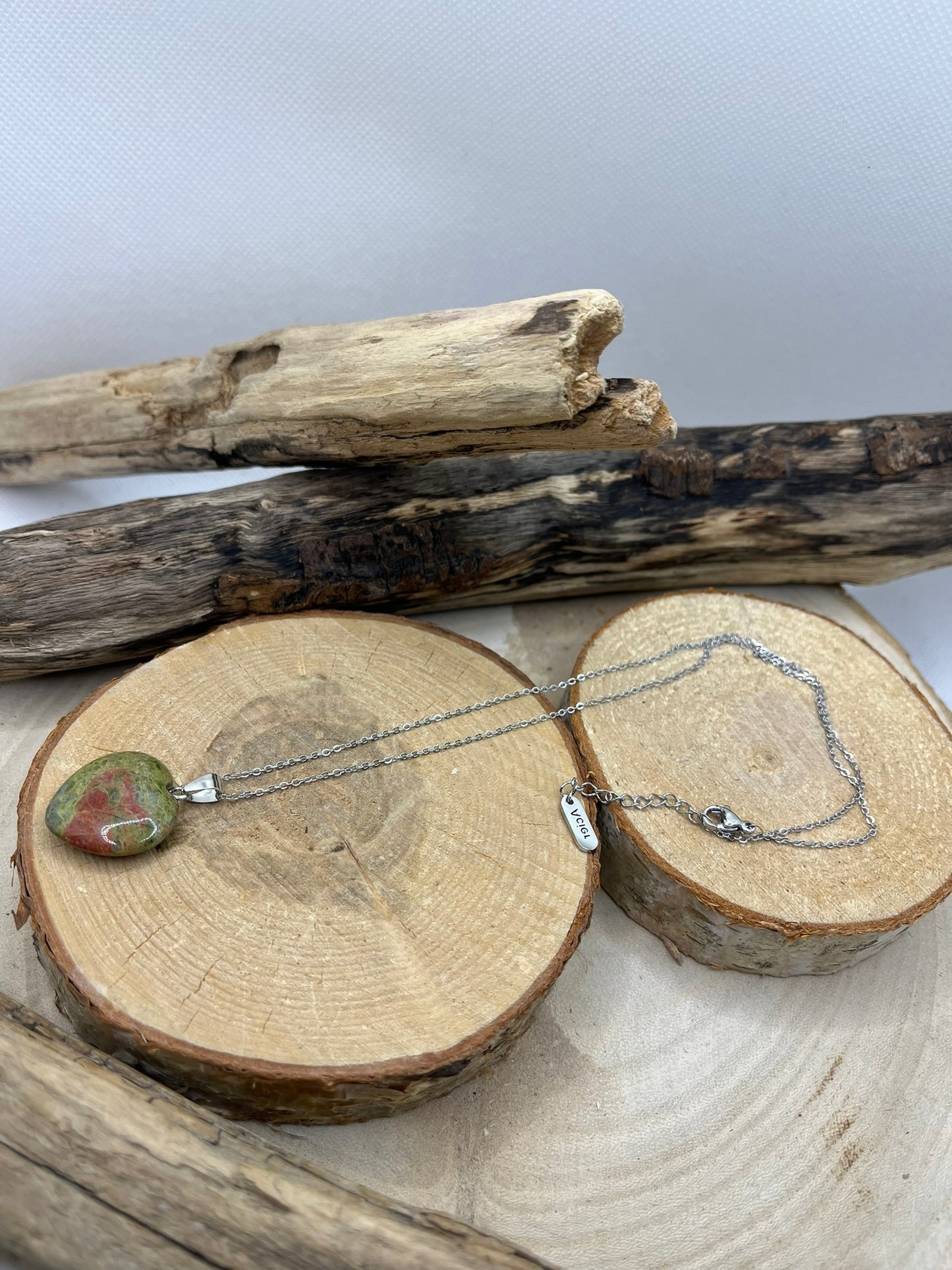 Collier Chaine fine Argenté - Pendentif Coeur en Pierre Naturelle Unakite