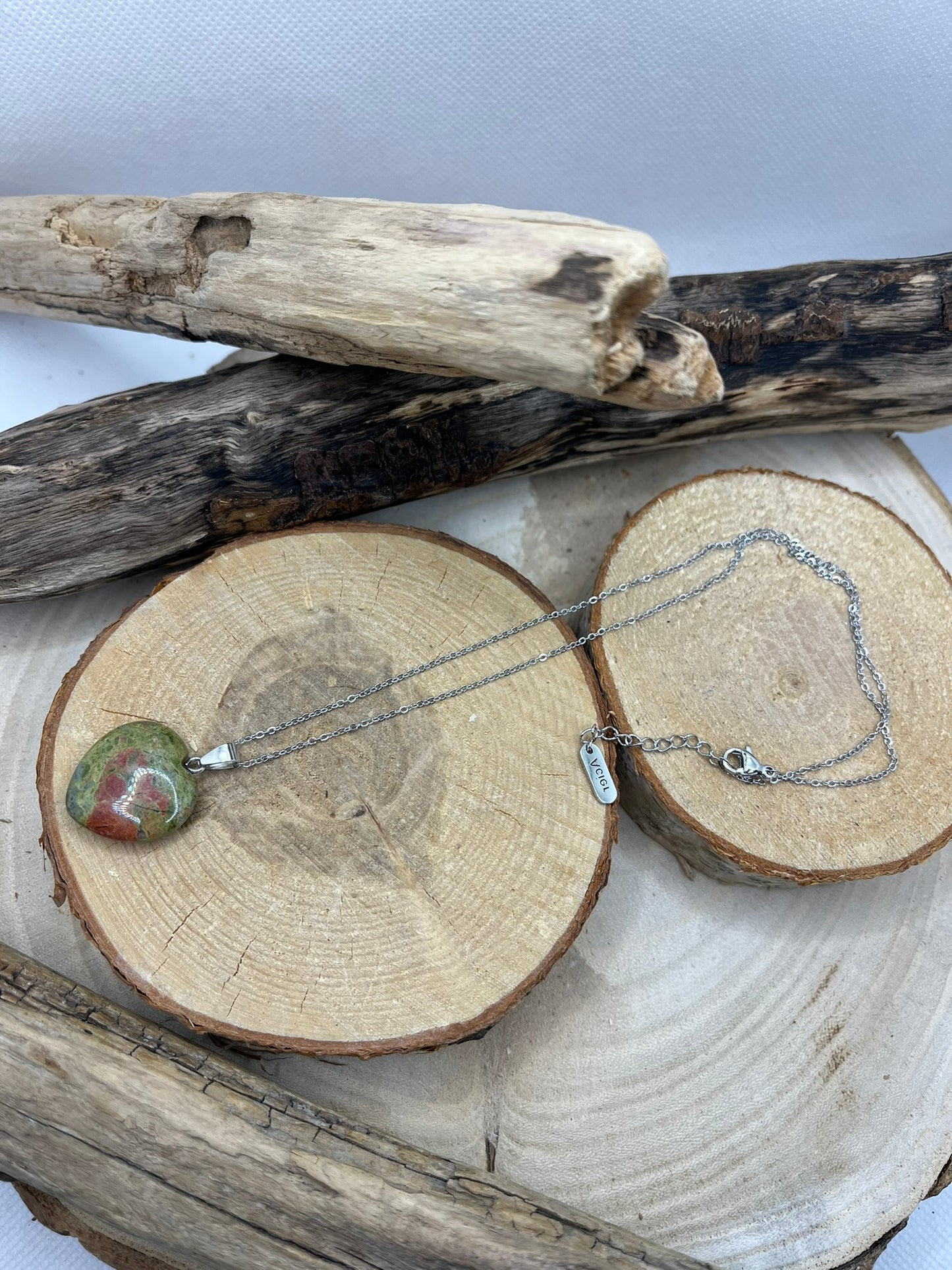 Collier Chaine fine Argenté - Pendentif Coeur en Pierre Naturelle Unakite