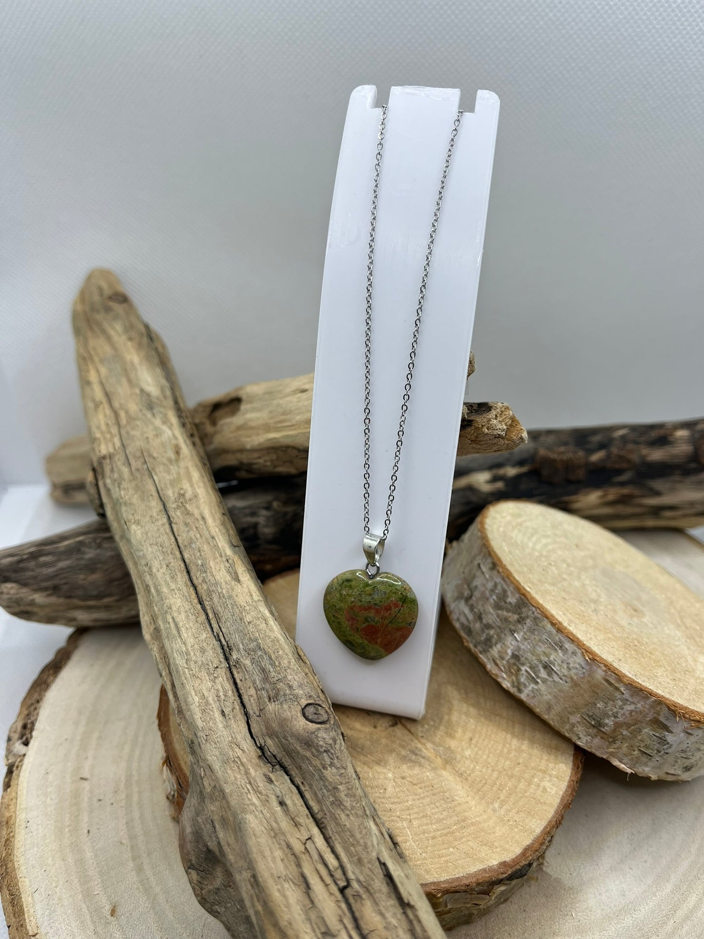 Collier Chaine fine Argenté - Pendentif Coeur en Pierre Naturelle Unakite
