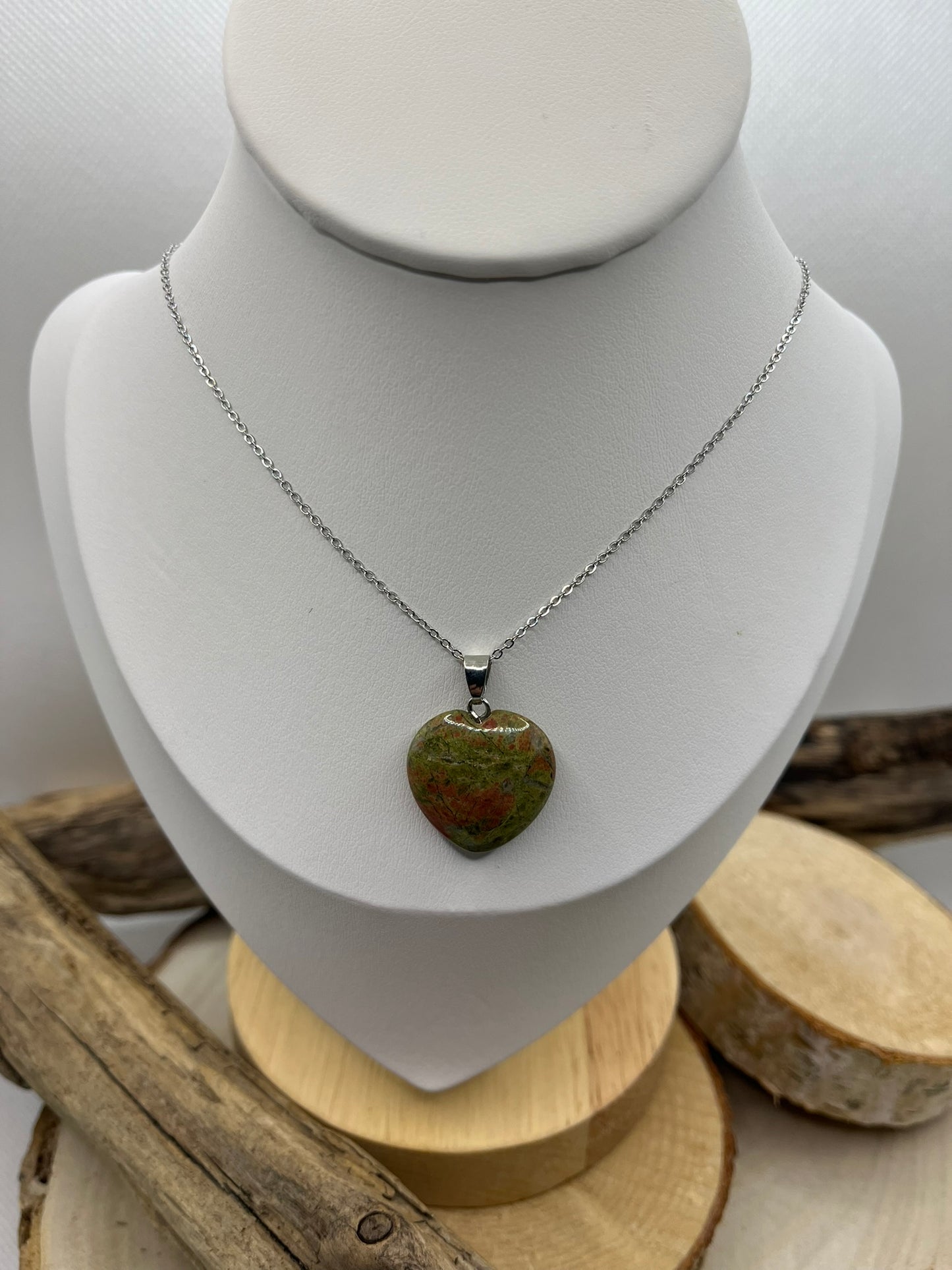 Collier Chaine fine Argenté - Pendentif Coeur en Pierre Naturelle Unakite