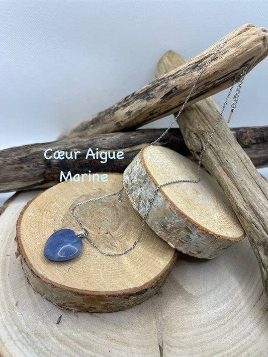 Collier sur Chaine Fine - Pendentif Coeur en Pierre Naturelle Aigue Marine