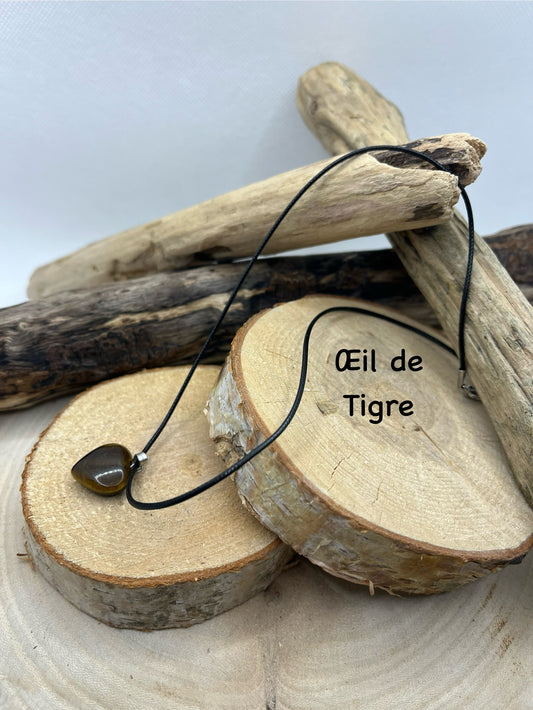 Collier sur Cordon - Pendentif Coeur en Pierre Naturelle Oeil de Tigre