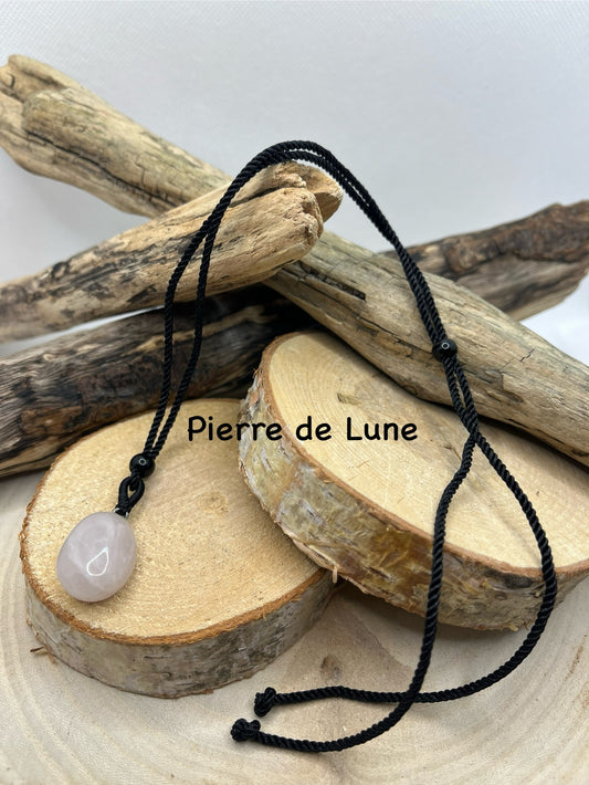 Collier sur Cordon noir réglable - Pendentif en Pierre Naturelle Pierre de Lune