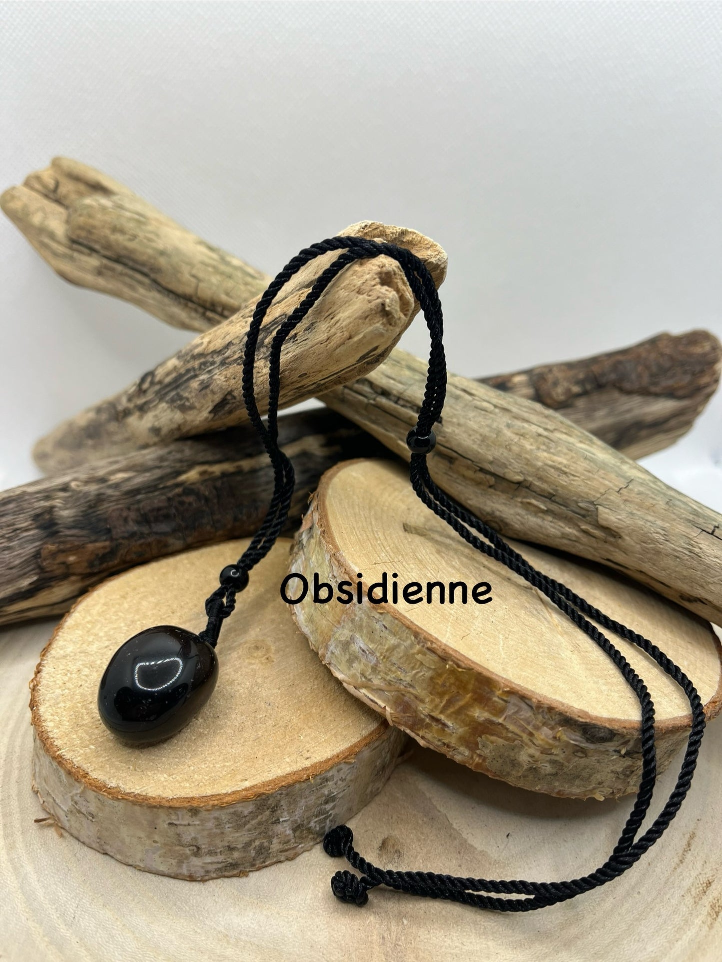 Collier sur cordon Noir Réglable - Pendentif en Pierre Naturelle Obsidienne