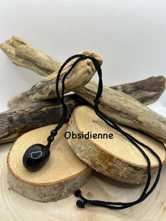 Collier sur cordon Noir Réglable - Pendentif en Pierre Naturelle Obsidienne