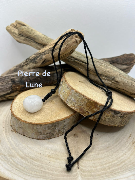 Collier sur Cordon noir réglable - Pendentif en Pierre Naturelle Pierre de Lune