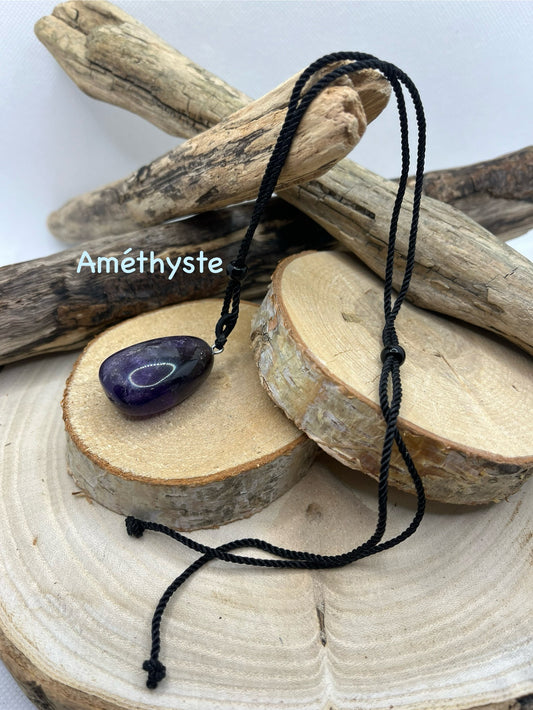 Collier sur cordon Noir réglable - Pendentif en Pierre Naturelle Améthyste