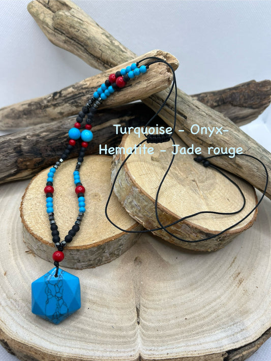 Collier en Pierre Naturelle - Turquoise - Onyx - Hématite - Jade Rouge - Pendentif Turquoise - Sur Cordon réglable