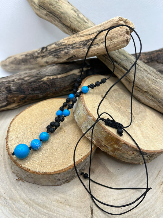 Collier en Pierre Naturelle - Turquoise et Pierre de Lave sur cordon réglable