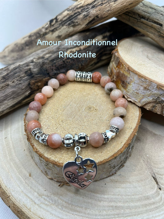 Bracelet - Amour Inconditionnel - Rhodonite Orné d'un Pendentif Coeur