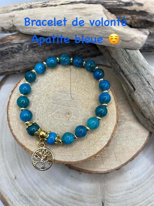 Bracelet de Volonté en Pierre Naturelle Apatite Bleue, Orné d'un pendentif Arbre de vie - Fait Main