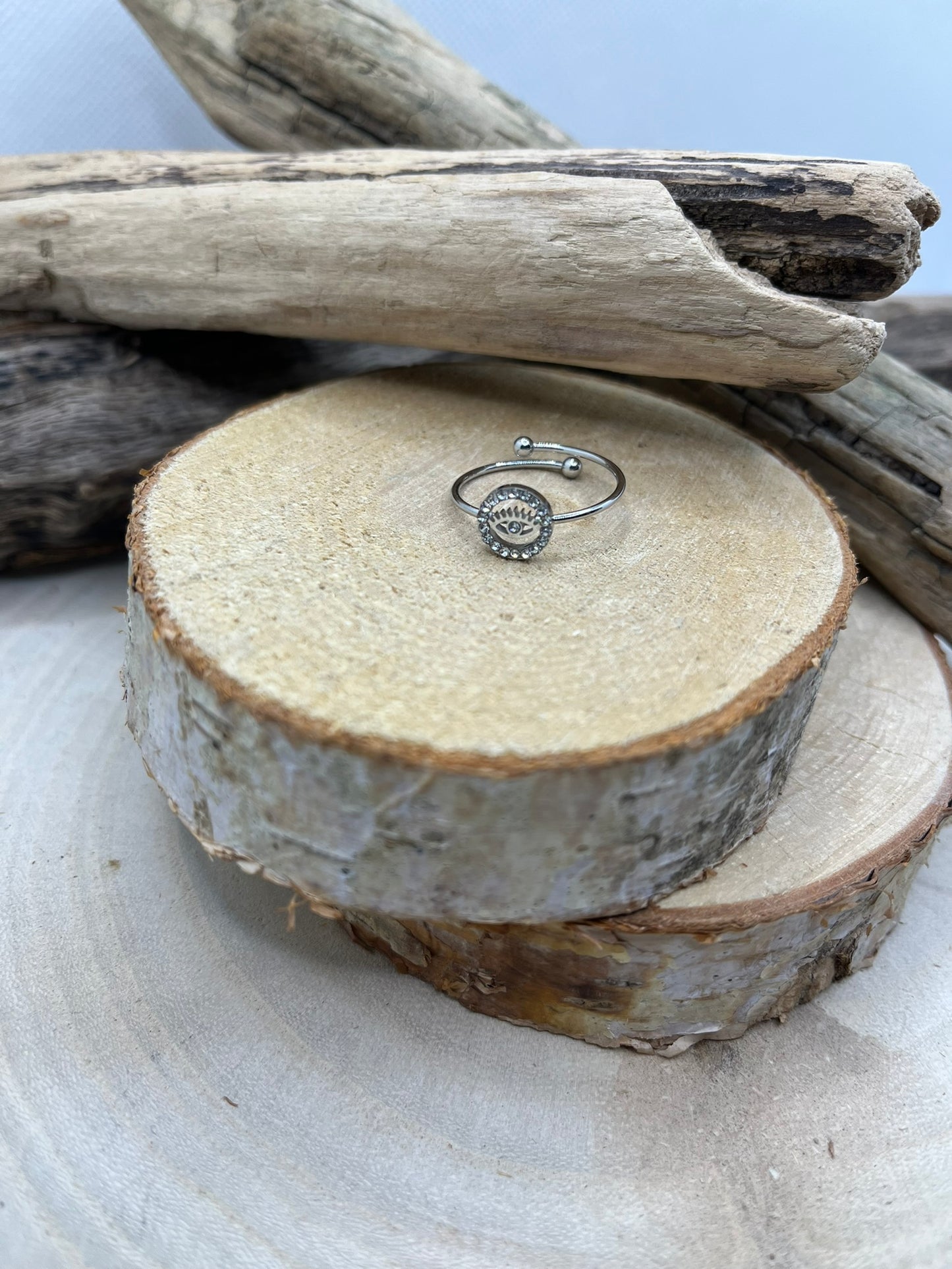 Bague fine en Acier Inoxydable ajustable Oeil ornés de strass brillant - Argenté