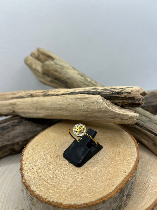 Bague fine en Acier Inoxydable ajustable Arbre de vie ornés de strass brillant - Doré